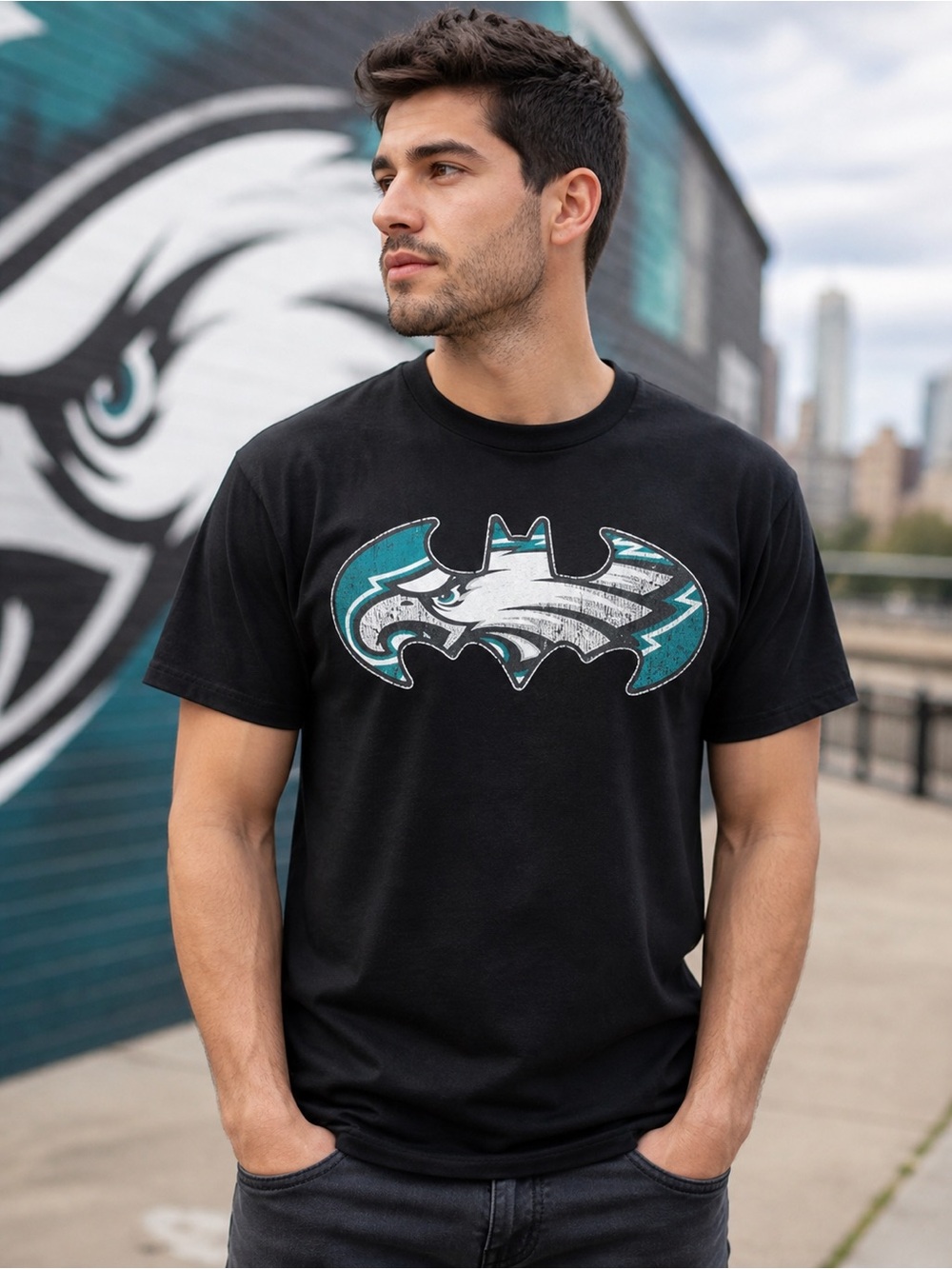 Gildan- Black-  Philadelphia Eagles Batman T-Shirt- Medium